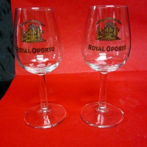 ROYAL OPORTO LOGO STEMMED 4OZ GLASS WITH GOLD & BLACK LABEL AND LOGO $9 EACH